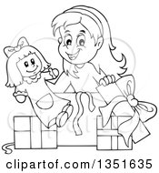 Poster, Art Print Of Cartoon Black And White Girl Opening A Doll And Christmas Or Birthday Gifts