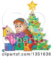 Poster, Art Print Of Cartoon Brunette Caucasian Girl Opening A Doll And Christmas Gifts By A Tree