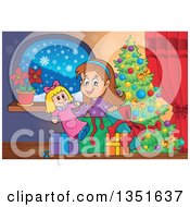Poster, Art Print Of Cartoon Brunette White Girl Opening A Doll And Christmas Gifts By A Tree