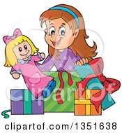 Poster, Art Print Of Cartoon Brunette Caucasian Girl Opening A Doll And Christmas Or Birthday Gifts