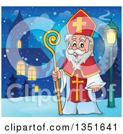 Poster, Art Print Of Cartoon Happy St Nicholas In A Winter Village At Night