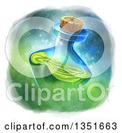 Clipart Of A Potion Bottle With Green Liquid Over A Painted Magic Background Royalty Free Illustration