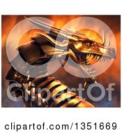 Clipart Of A 3d Metal Golden Dragon Head Over Fire Royalty Free Illustration
