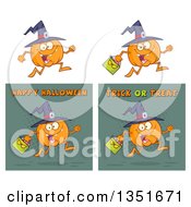 Poster, Art Print Of Cartoon Halloween Pumpkin Character Wearing A Witch Hat In Different Running Poses