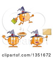 Cartoon Halloween Pumpkin Character Wearing A Witch Hat In Different Poses
