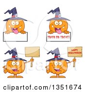 Poster, Art Print Of Cartoon Halloween Pumpkin Character Wearing A Witch Hat In Different Poses With Signs