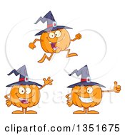 Poster, Art Print Of Cartoon Halloween Pumpkin Character Wearing A Witch Hat In Different Poses