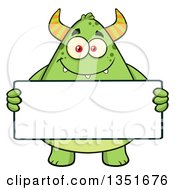 Clipart Of A Cartoon Chubby Green Horned Monster Holding A Blank Sign Royalty Free Vector Illustration