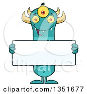 Clipart Of A Turquoise Three Eyed Horned Monster Holding A Blank Sign Royalty Free Vector Illustration