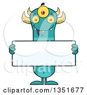 Poster, Art Print Of Turquoise Three Eyed Horned Monster Holding A Blank Sign