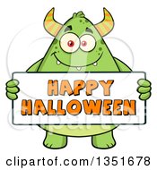 Cartoon Chubby Green Horned Monster Holding A Happy Halloween Sign