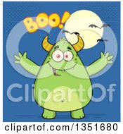 Cartoon Chubby Green Horned Monster With Open Arms Under Boo Halloween Text A Full Moon And Bats On Blue