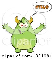 Poster, Art Print Of Cartoon Talking Chubby Green Horned Monster Saying Hello With Open Arms