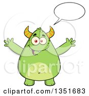 Poster, Art Print Of Cartoon Talking Chubby Green Horned Monster With Open Arms
