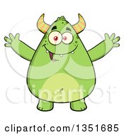 Clipart Of A Cartoon Chubby Green Horned Monster With Open Arms Royalty Free Vector Illustration