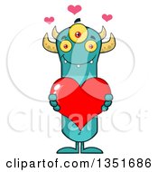 Clipart Of A Turquoise Three Eyed Horned Monster Holding A Valentines Day Heart Royalty Free Vector Illustration