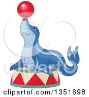 Poster, Art Print Of Blue Circus Seal Balancing A Ball On His Nose