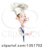 Clipart Of A White Male Chef With A Curling Mustache Pointing Around A Sign Royalty Free Vector Illustration