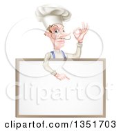 Poster, Art Print Of White Male Chef With A Curling Mustache Gesturing Ok And Pointing Down At A Blank White Menu Board