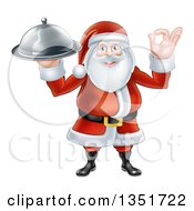 Poster, Art Print Of Happy Christmas Santa Claus Gesturing Ok And Holding A Food Cloche Platter