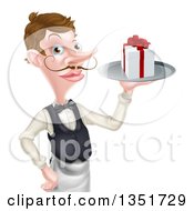 Poster, Art Print Of Cartoon Caucasian Male Waiter With A Curling Mustache Holding A Gift On A Platter