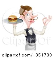 Poster, Art Print Of Cartoon Caucasian Male Waiter With A Curling Mustache Holding A Cheeseburger On A Platter And Gesturing Ok