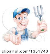 Clipart Of A Middle Aged Brunette White Male Gardener In Blue Holding A Garden Fork And Thumb Up Royalty Free Vector Illustration