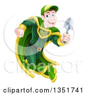Poster, Art Print Of Middle Aged Brunette Caucasian Male Super Hero Running With A Garden Trowel