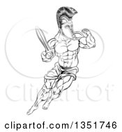 Poster, Art Print Of Black And White Muscular Gladiator Spartan Man In A Helmet Fighting With A Sword And Holding Up A Fist