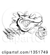 Clipart Of A Black And White Cartoon Alligator Or Crocodile Monster Slashing Through A Wall Royalty Free Vector Illustration