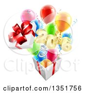 Poster, Art Print Of 3d Gold New Year 2016 Popping Out Of A Gift On A Spring With Party Balloons