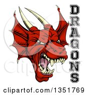 Poster, Art Print Of Roaring Red Horned Dragon Mascot Face With Text