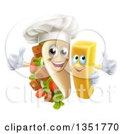 Cartoon Souvlaki Kebab Sandwich Chef Mascot And French Fry Character Giving Thumbs Up