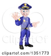 Cartoon Happy Caucasian Male Police Officer Waving And Pointing