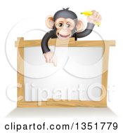 Poster, Art Print Of Cartoon Black And Tan Happy Baby Chimpanzee Monkey Holding A Banana And Pointing Down Over A Blank White Sign Framed In Wood