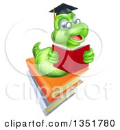 Poster, Art Print Of Happy Green Professor Or Graduate Earthworm Reading On Books