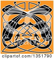 Poster, Art Print Of Black And White Celtic Knot Crane Or Heron Design On Orange