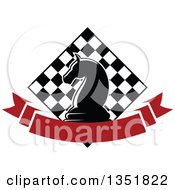 Clipart Of A Chess Knight Horse Head Piece Over A Checker Board And Blank Red Ribbon Banner Royalty Free Vector Illustration