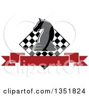 Poster, Art Print Of Chess Knight Piece Over A Checker Board And Blank Red Ribbon Banner