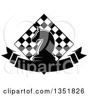 Clipart Of A Black And White Chess Knight Horse Head Piece Over A Checker Board And Blank Ribbon Banner Royalty Free Vector Illustration