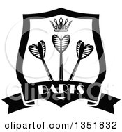 Clipart Of A Black And White Shield With A Crown And Throwing Darts Over A Text Banner Royalty Free Vector Illustration