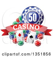 Poker Chips And Playing Cards With A Red Casino Text Banner