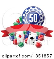Poker Chips And Playing Cards With A Red Blank Banner