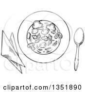 Poster, Art Print Of Black And White Sketched Bowl Of Vegetable Soup With Napkins And A Spoon