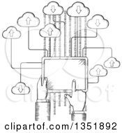 Poster, Art Print Of Black And White Sketched Hand Using A Tablet Computer On The Cloud