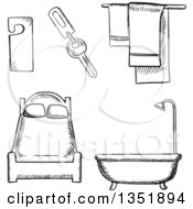 Poster, Art Print Of Black And White Sketched Hotel Bed Tub And Items