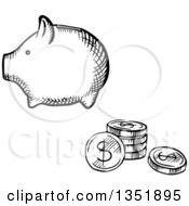Poster, Art Print Of Black And White Sketched Piggy Bank And Coins