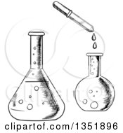 Clipart Of Black And White Sketched Science Flasks And Dropper Royalty Free Vector Illustration by Vector Tradition SM