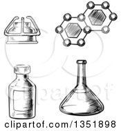 Poster, Art Print Of Black And White Sketched Laboratory Flask Gas Burner Bottle And Formula Of Molecule