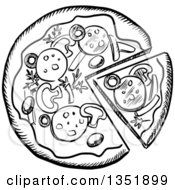 Clipart Of A Black And White Sketched Pizza Pie Royalty Free Vector Illustration